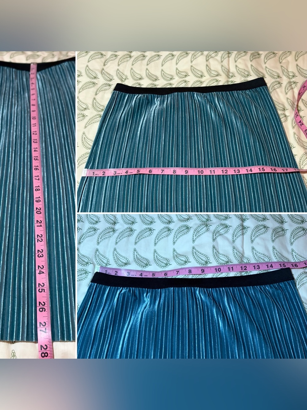 Leith Teal Blue Green Pleated Midi Velour Velvet Skirt Black Elastic Waistband L - Picture 12 of 13